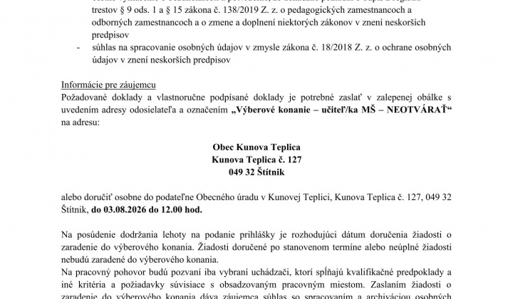 Fotka - V Ý B E R O V É K O N A N I E na pozíciu učiteľ/ka Materskej školy v Kunovej Teplici, Kunova Teplica č. 133, 049 32 Štítnik